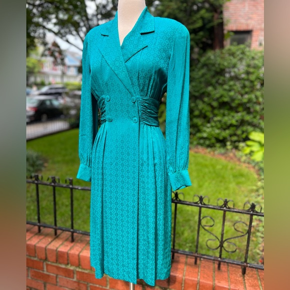 Vintage silk Liz Claiborne long sleeve green floral embossed midi dress size 4 - Picture 1 of 9